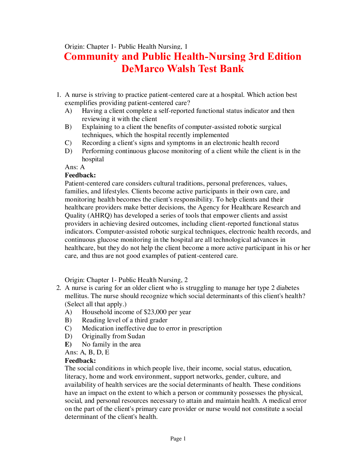 Community and Public Health-Nursing 3rd Edition, DeMarco Walsh Test Bank ( all Chapters Questions & Answers) Rated A